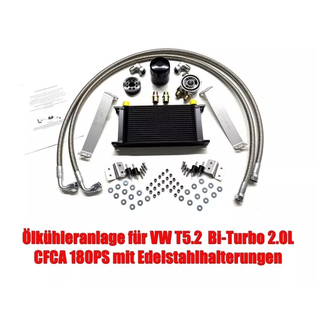 VW T5 2.0L TDI CFCA Bi-Turbo Oil Cooler Kit - 19 rows with stainless steel brackets & thermostat